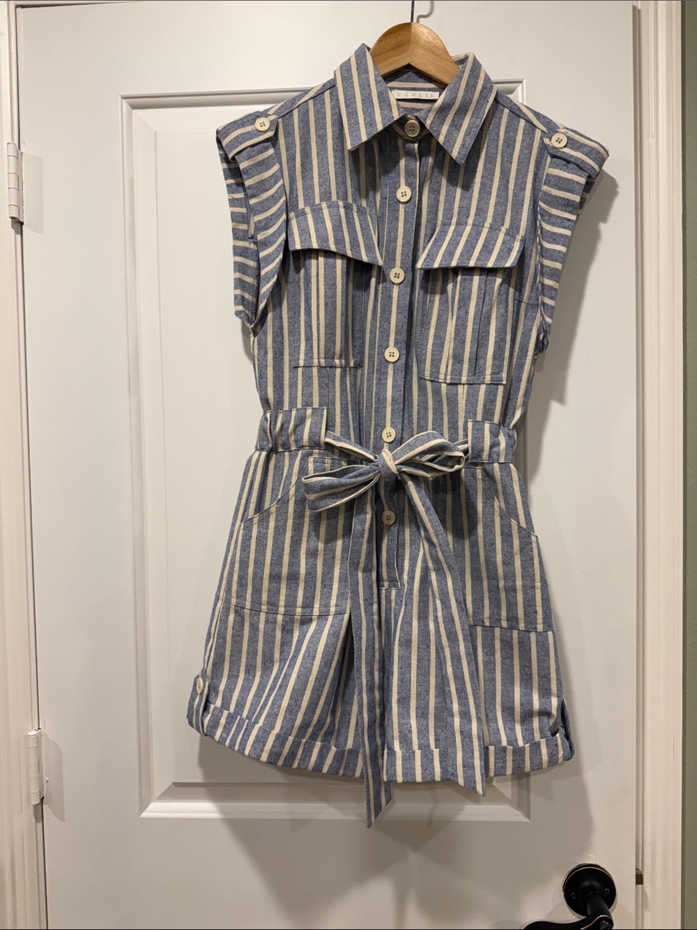 Karlie Blue and Cream Striped Sleeveless Romper with Tie Belt